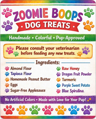 Zoomie Boops dog treats ingredient label listing almond flour, tapioca flour, homemade peanut butter, eggs, sugar-free applesauce, raw honey, dragon fruit powder, turmeric, purple sweet potato, and blue spirulina.